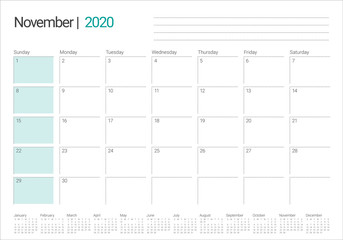 November 2020 desk calendar vector illustration