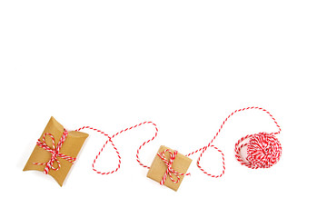 Christmas composition with   wooden decorations over the white background. Seasonal holidays, greeting card, invitation for xmas party