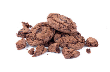 Chocolate chips cookies on white background.