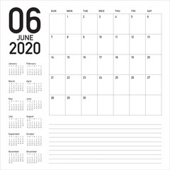 June 2020 desk calendar vector illustration