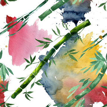 Bamboo green leaves and stalks. Watercolor background illustration set. Seamless background pattern.