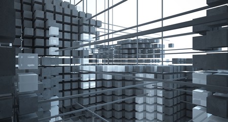 Abstract architectural white  interior  from an array of concrete cubes with large windows. 3D illustration and rendering.