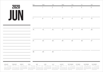 June 2020 desk calendar vector illustration