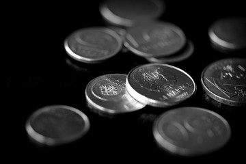 Belarusian coins scattered on a dark surface close up. Monochrome money background