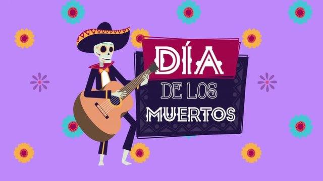 dia de los muertos animation with skull mariachi playing guitar