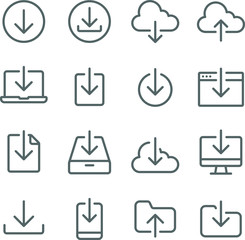 Download icons set vector illustration. Contains such icon as Website, Mobile, File, Folder, Cloud and more. Expanded Stroke - obrazy, fototapety, plakaty