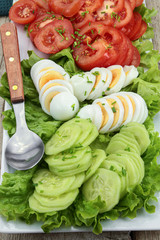 plate of vegetables composed of tomato, cucumber and boiled eggs