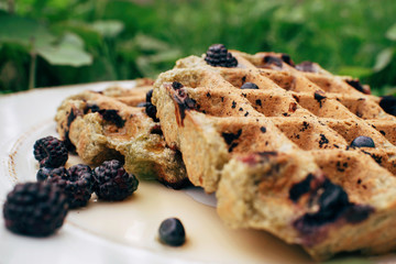  soft homemade waffles with blackberries for breakfast
