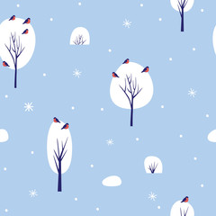 Fototapeta na wymiar Seamless pattern with winter nature on blue background. Snow-covered trees and bullfinches showered with snowflakes. Template for use in wrapping paper design, textile, packaging. Vector illustration.