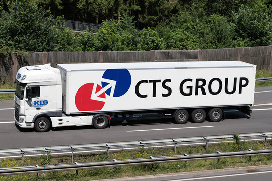 WIEHL, GERMANY - JUNE 25, 2019: KLG Trucking DAF XF truck with CTS Group box trailer on motorway.