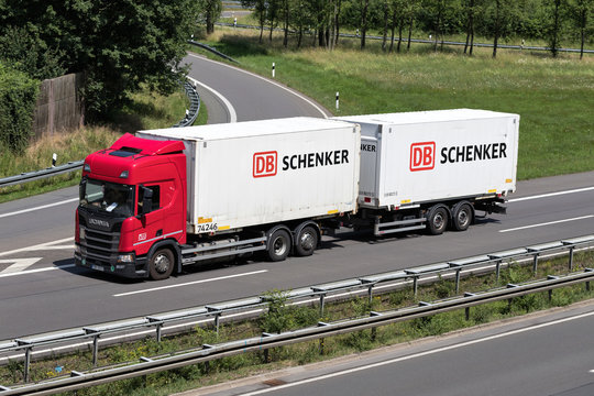 WIEHL, GERMANY - JUNE 24, 2019: STD Scania combination truck with DB Schenker swop bodies on motorway.