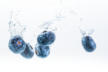 One Organic Blueberry sinking into water with air bubbles white background. Macro detailed closeup.