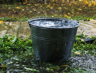 Fototapeta premium bucket of water. Water dripping from the roof. rain