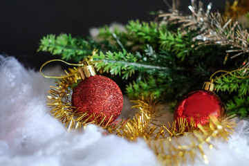 Red ball christmas decoration on rustic table,Christmas background.