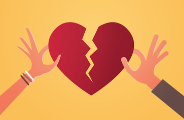 woman man hands holding pieces of broken heart depression life crisis break up divorce betrayal concept flat horizontal vector illustration