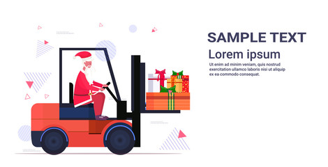 santa claus driving forklift truck loading colorful gift present boxes merry christmas happy new year holiday celebration concept horizontal copy space vector illustration