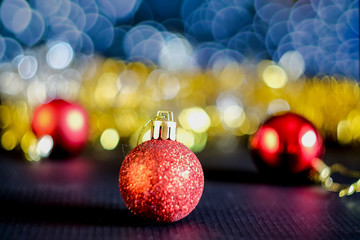 Fototapeta premium Red ball christmas decoration on rustic table,Christmas background.