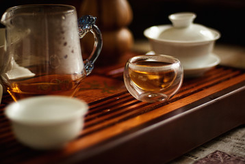Tea cup for tea ceremony on bamboo tea tray