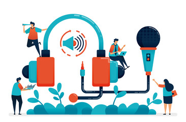 Headset and microphone for radio recording, multimedia production podcast, customer service and telemarketing, studio music equipment for broadcast. Illustration of website, banner, software, poster