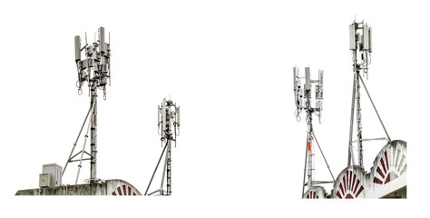 Fototapeta na wymiar Left and right view of communication tower with antennas on the top of building on white background.