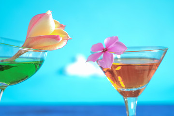 Summer day with cool cocktail on sea beach.