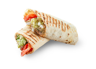 Shawarma roll on white background close up