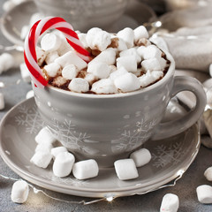 Christmas time composition with mug with  hot chocolate and marshmallows