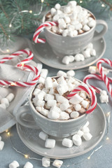 Christmas mugs  with hot chocolate and marshmallows. Holiday concept