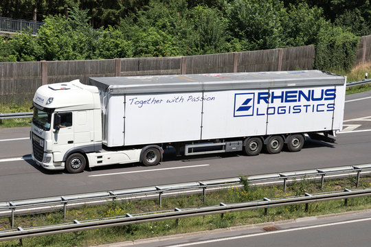 WIEHL, GERMANY - JUNE 24, 2019: Rhenus DAF XF truck with bulk trailer on motorway.