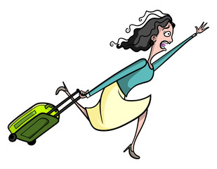 Cartoon style illustration of a woman tourist in a hurry, running with her suitcase to catch a train or flight.