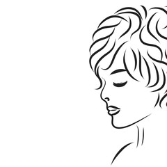 Vector silhouette of woman´s face on white background. Symbol of girl, pretty, nice, fashion, hair, people, person.