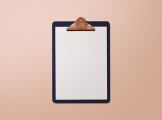 Realistic mockup. Clipboard with sheets of paper on nude background. Template for branding identity. Blank objects for placing your design. 3d illustration.