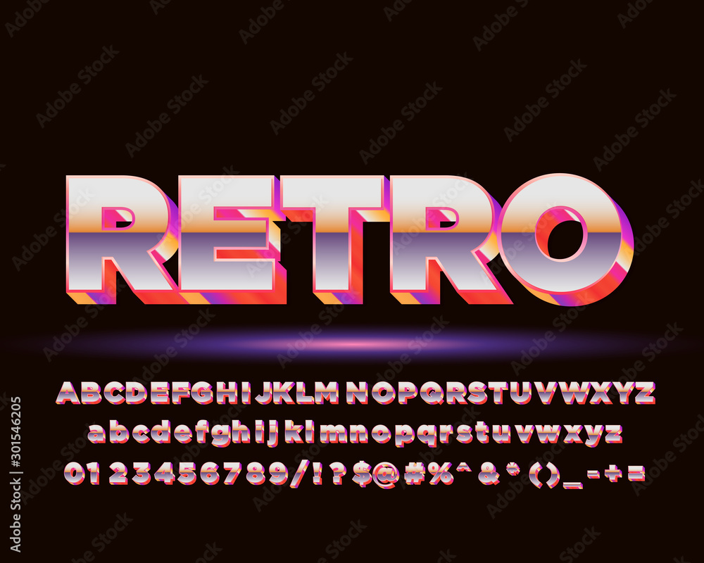 Poster 3d retro alphabet font. letters, numbers and symbols. stock vector typescript for typography in retr