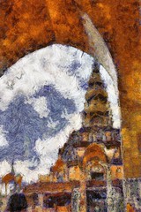 The mountain pagoda landscape creates an impressionist style of painting.