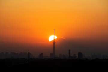 Sun setting behind Tokyo Skytree and Mount Fuji in autumn, from Chiba Prefecture, Japan