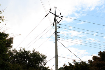 Naju-si, Jeollanam-do / South Korea - OCTOBER 17, 2019:  Utility Pole with trees
