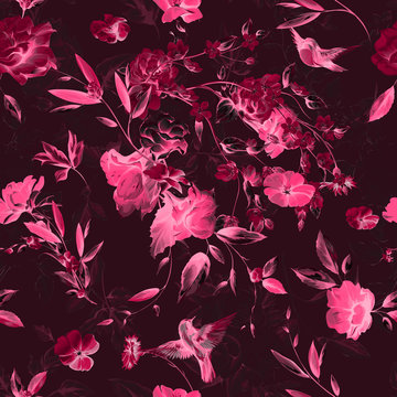 Seamless floral background pattern. Flowers gladiolus, flax bud, leaves and birds on dark red. Hand drawn. vector - stock. 