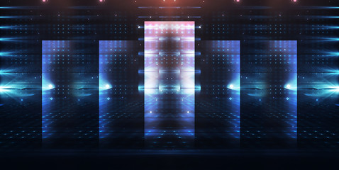 Dark abstract futuristic background. Neon lines glow. Neon lines, shapes. Multi-colored glow, blurry lights. Empty stage background