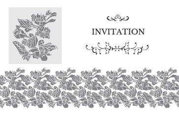 Horizontal monochrome template for invitation or greeting card with gray blossoming branch of apple tree flowers  in pop art style. Hand made lino cut. Vector illustration.
