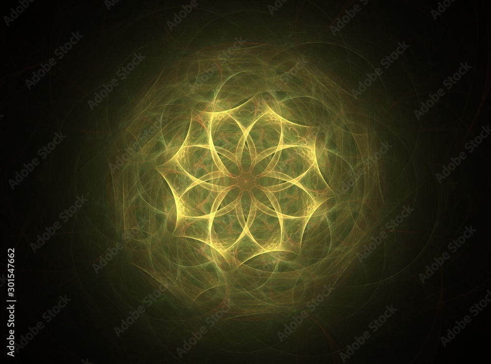 Poster particles of abstract fractal forms on the subject of nuclear physics science and graphic design. ge