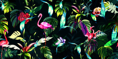 Panele Szklane  Szeroki wzór bezszwowe tło. Tropikalne liście z trzema flamingami dookoła na ciemnozielonym kolorze. Ręcznie rysowane, wektor - czas.