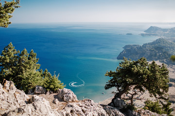 Photo of a sea landscape, view of Tsambika Bay on the island of Rhodes, Dodecanese, Greece....