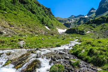 Fototapeta na wymiar A serene view on snowy mountain from a small stream's side. The stream starts it's long way to the sea. Tall glacier towering above the landscape. Spring in the alpine valley.