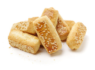 Classic shortbread finger biscuits on white background