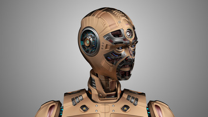 Portrait of a detailed futuristic robot or yellow humanoid cyborg looking rightward. Front view isolated on gray background. 3d render