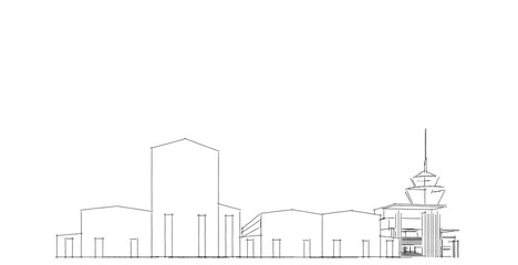 Obraz premium Factory buildings sketch drawings in perspective view, work office and factory building. Hand drawn cartoon 3d illustration.