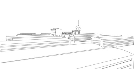 Factory buildings sketch drawings in perspective view, work office and factory building. Hand drawn cartoon 3d illustration.