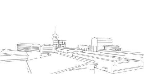 Factory buildings sketch drawings in perspective view, work office and factory building. Hand drawn cartoon 3d illustration.