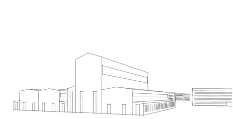 Factory buildings sketch drawings in perspective view, work office and factory building. Hand drawn cartoon 3d illustration.