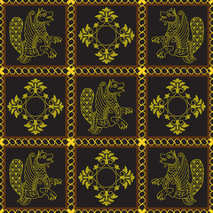 Ancient dragon symbols and ancient patterns in dark squares